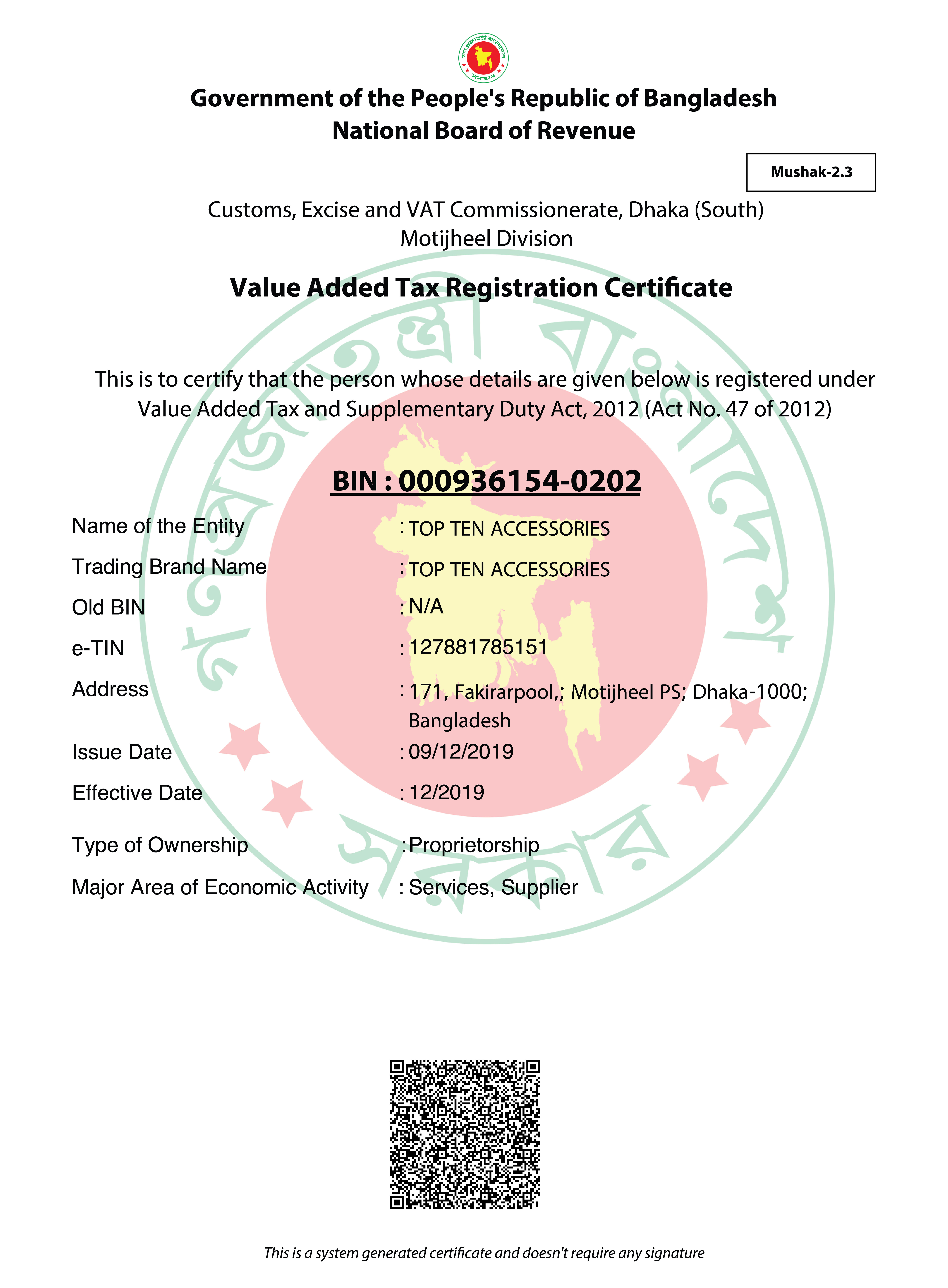 Tax Registrations Certificate
