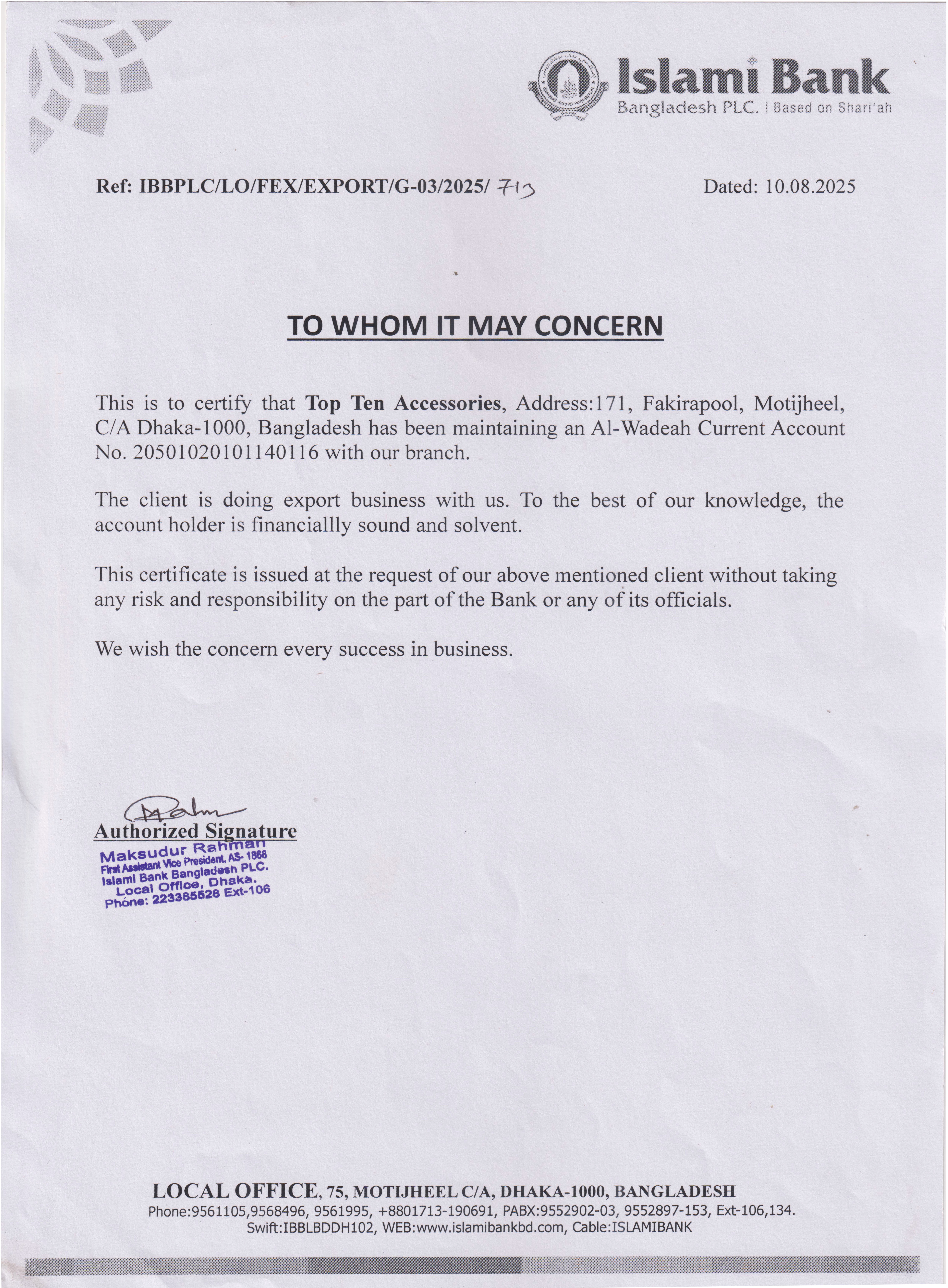 Islami Bank Certificate